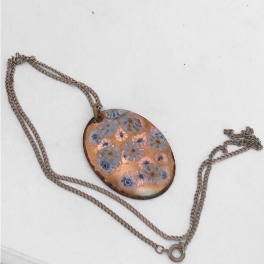 Vintage Floral Millefiori-Style Copper Pendant Necklace